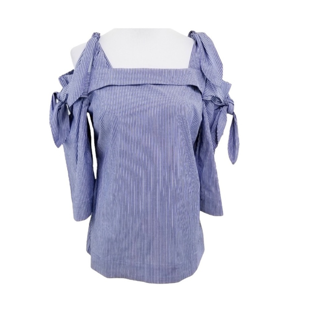 Banana Republic Double Bow Cold Shoulder Striped Top Blue White Coquette Stripe - Picture 5 of 13